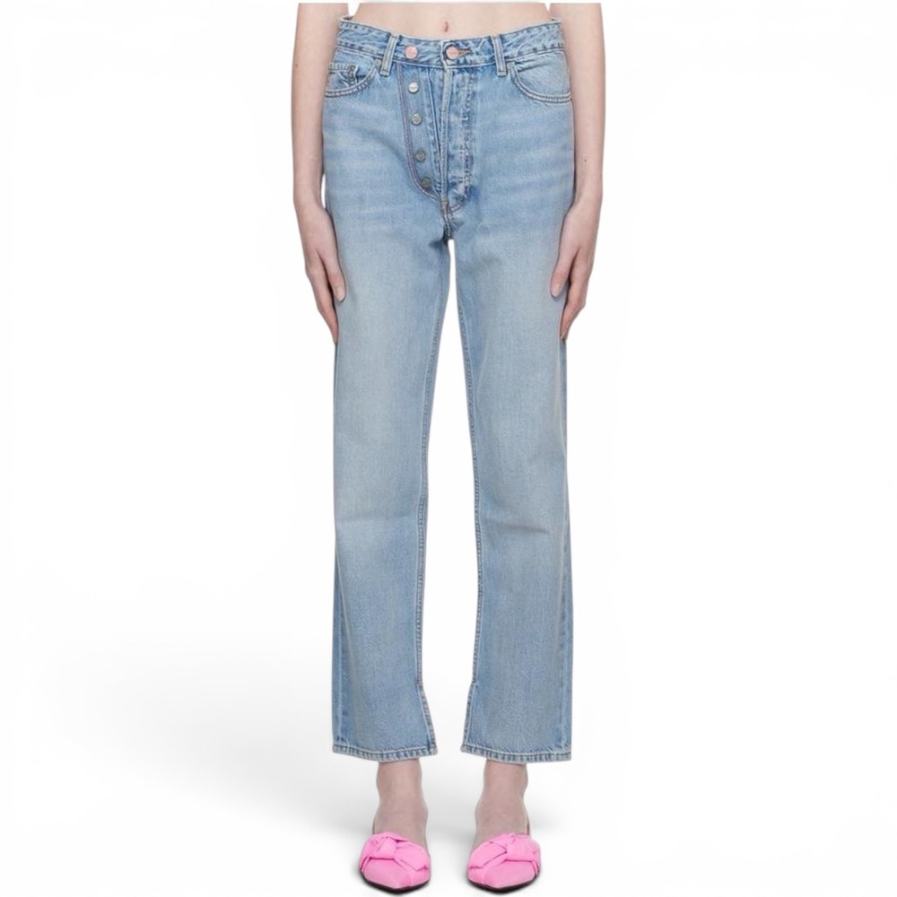 Ganni Figni Straight Leg Jeans Women 28 Light Blue High Rise Double Button Fly